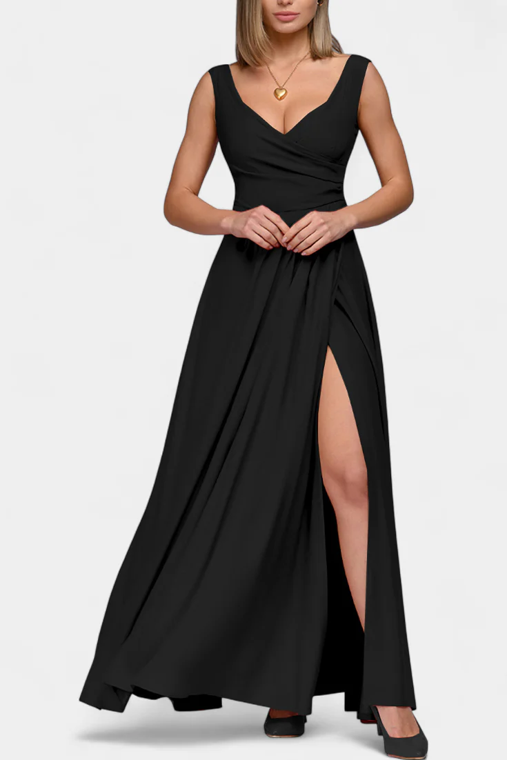 Vestito lungo da donna con scollo a V, spacco laterale, effetto incrociato, senza maniche