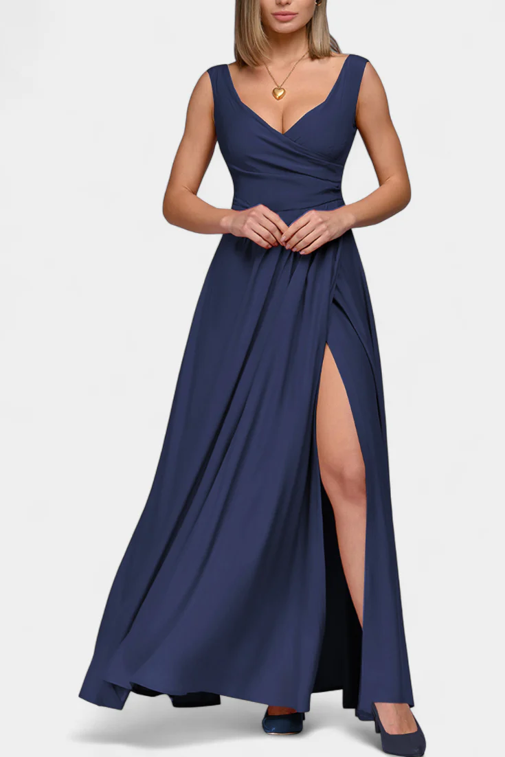 Vestito lungo da donna con scollo a V, spacco laterale, effetto incrociato, senza maniche