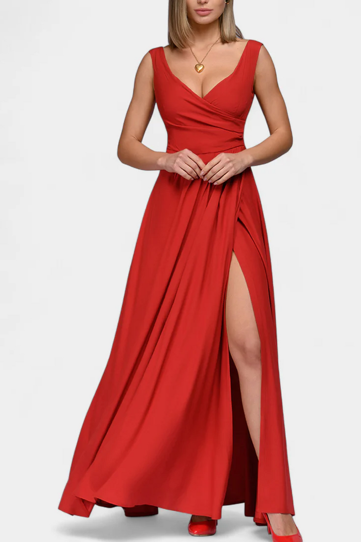 Vestito lungo da donna con scollo a V, spacco laterale, effetto incrociato, senza maniche