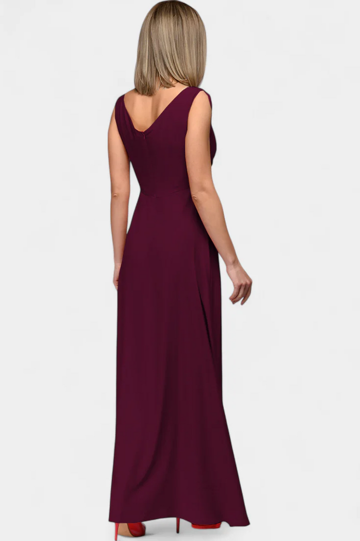 Vestito lungo da donna con scollo a V, spacco laterale, effetto incrociato, senza maniche