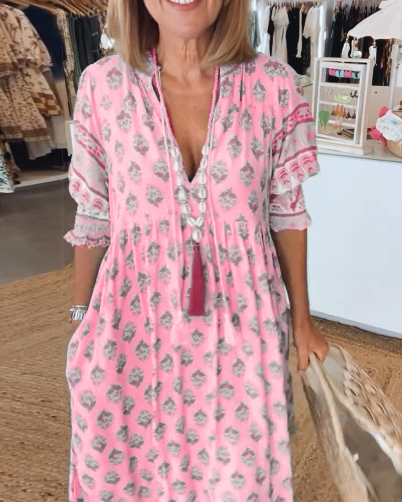 Abito midi da donna multicolore con scollo a V, maniche 3/4, stampa e volant