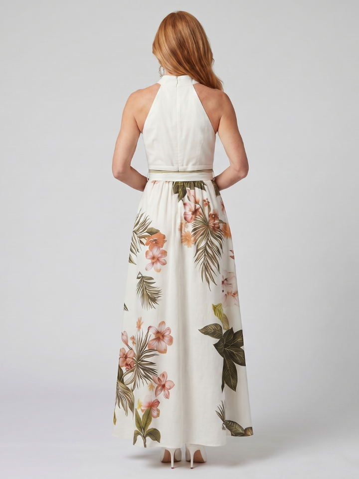 Sandra | Abito lungo con scollo all’americana drappeggiato e pannelli botanici