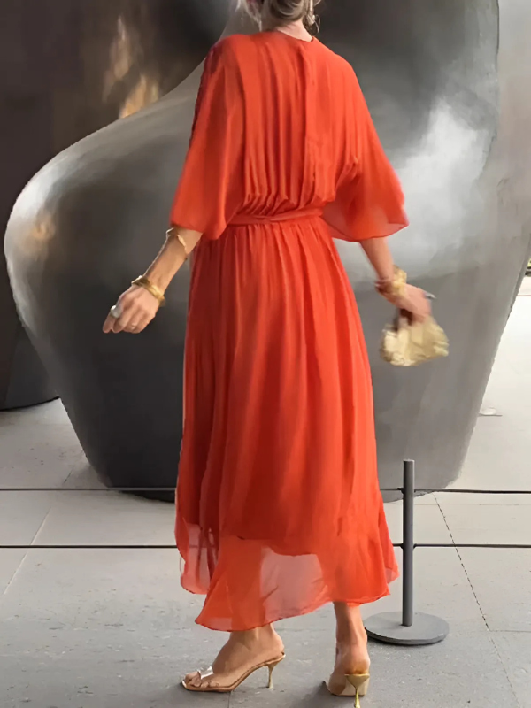 Abito midi da donna cache-coeur con scollo a V, maniche ampie e orlo asimmetrico