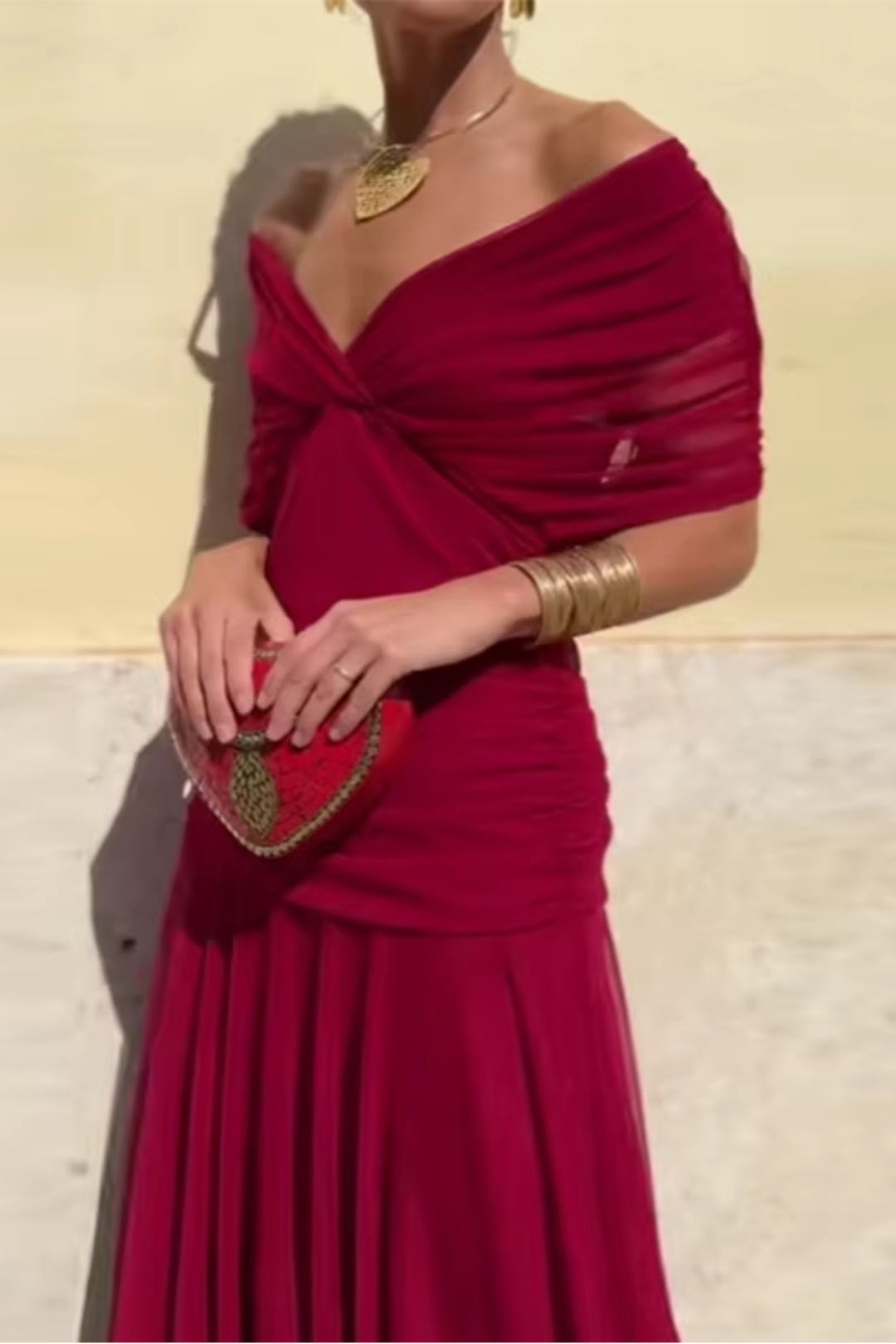 Vestito lungo da donna con scollo a V drappeggiato, maniche corte, vita arricciata, gonna fluida