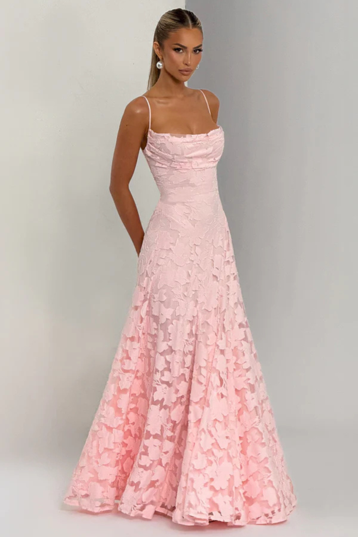 Vestito lungo donna spalline sottili scollo a cascata schiena scoperta con lacci