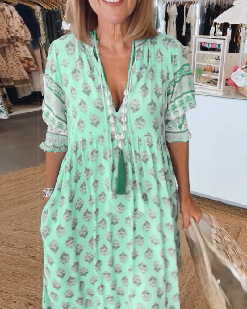 Abito midi da donna multicolore con scollo a V, maniche 3/4, stampa e volant