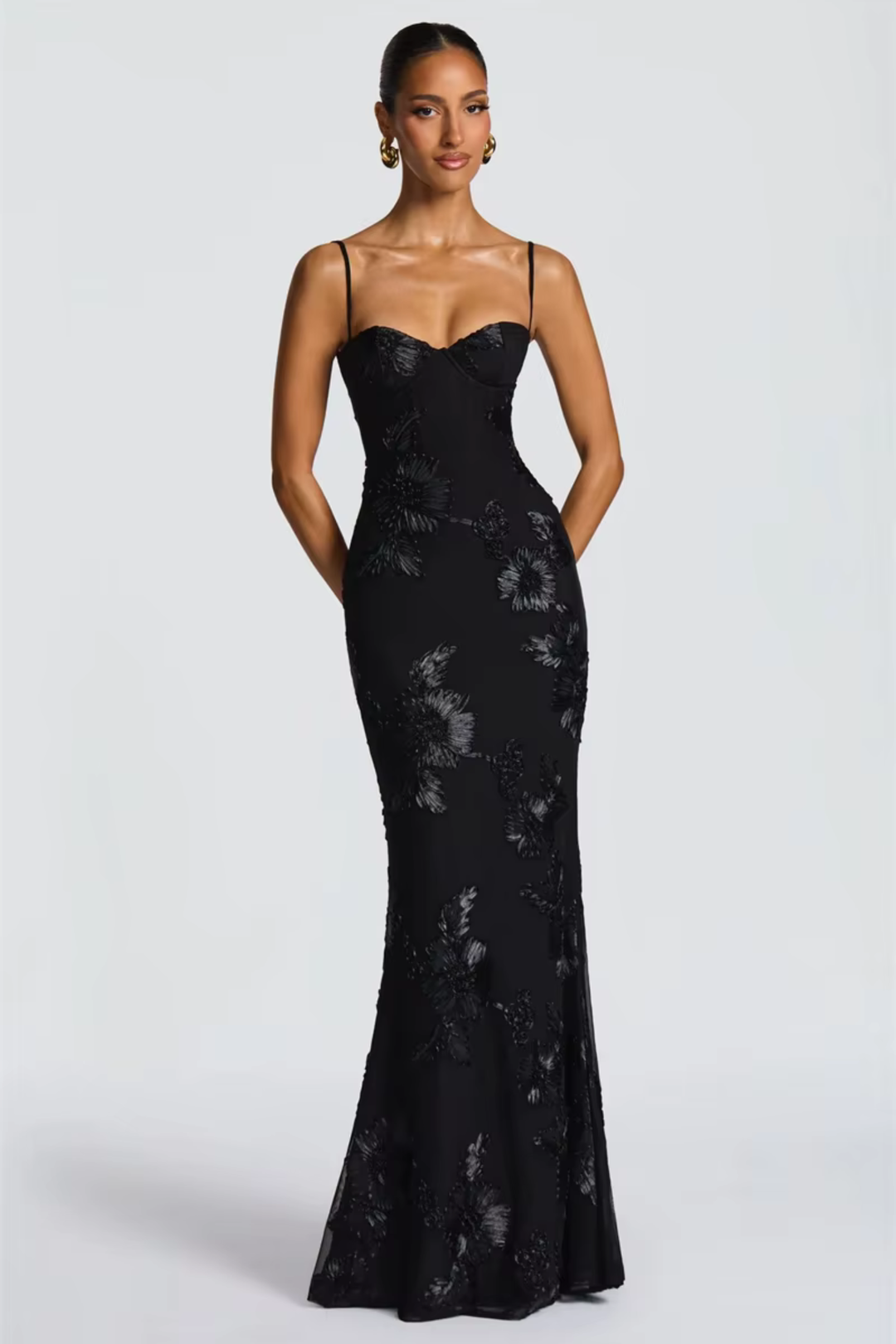 Vestito lungo donna bustier schiena scoperta con lacci ricami floreali a tubino
