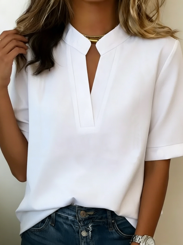 Blusa da donna collo alla coreana scollo a V maniche corte vestibilità ampia