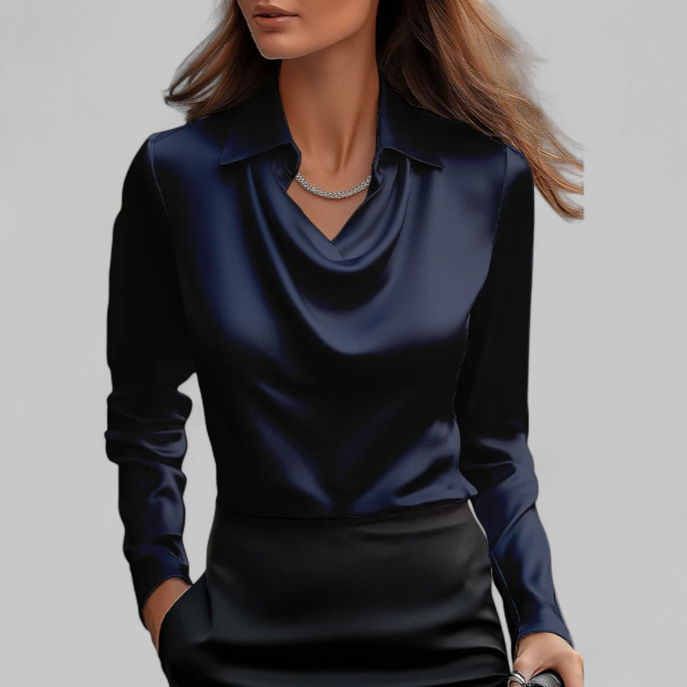 Blusa donna con colletto a camicia, colletto lavallière, linea fluida, maniche lunghe