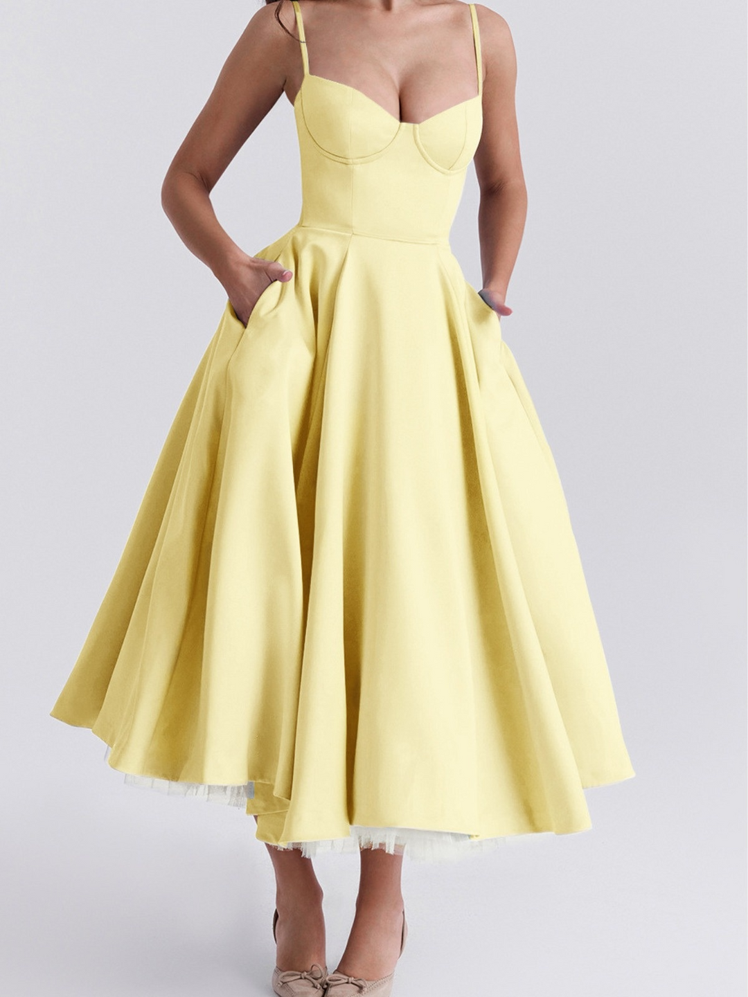 Abito midi donna scollatura a bustier spalline sottili vita alta gonna svasata