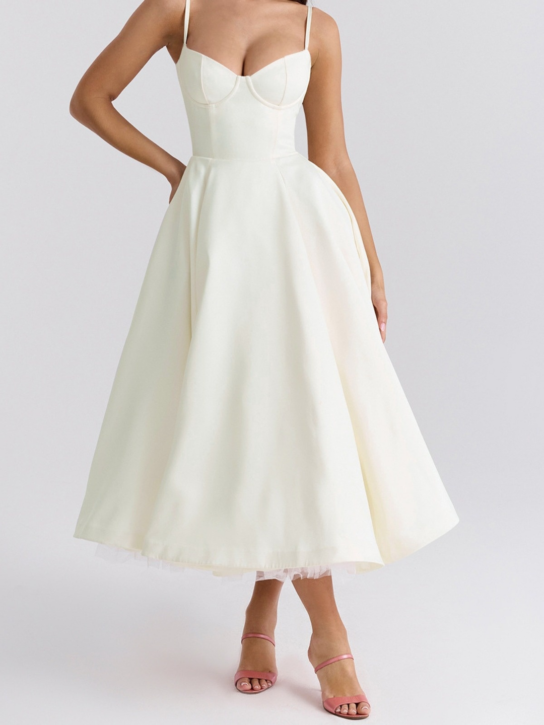 Abito midi donna scollatura a bustier spalline sottili vita alta gonna svasata