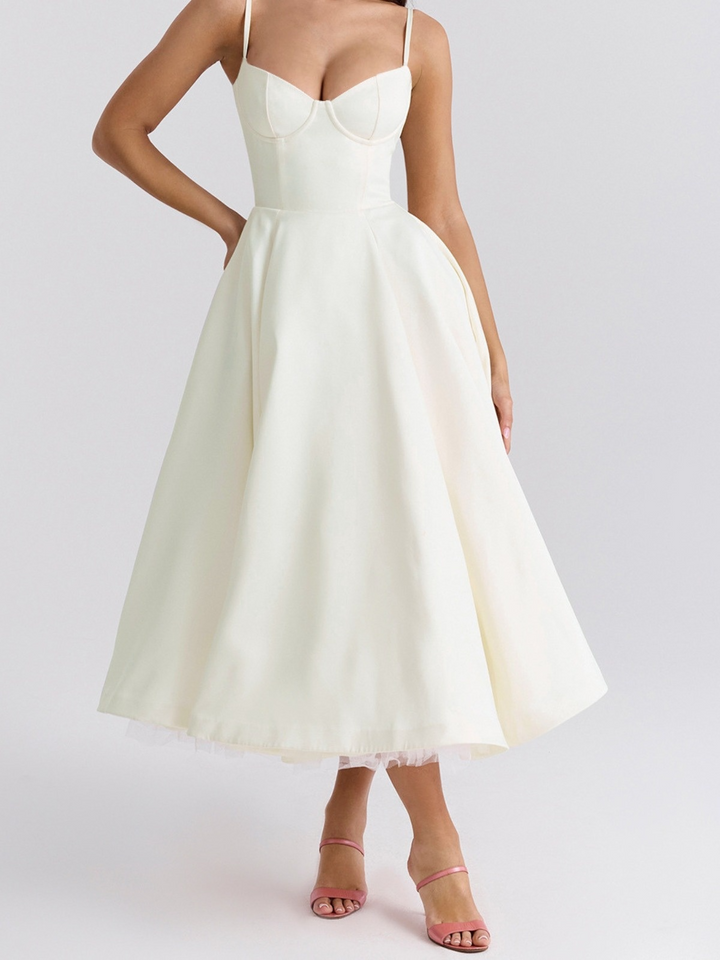 Abito midi donna scollatura a bustier spalline sottili vita alta gonna svasata