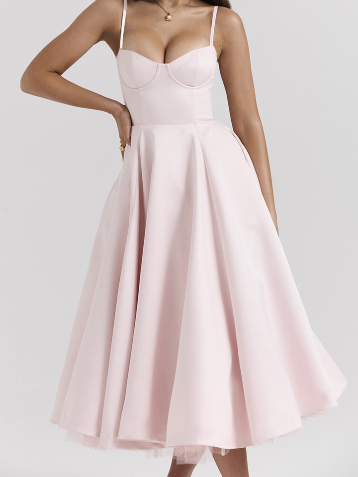 Abito midi donna scollatura a bustier spalline sottili vita alta gonna svasata