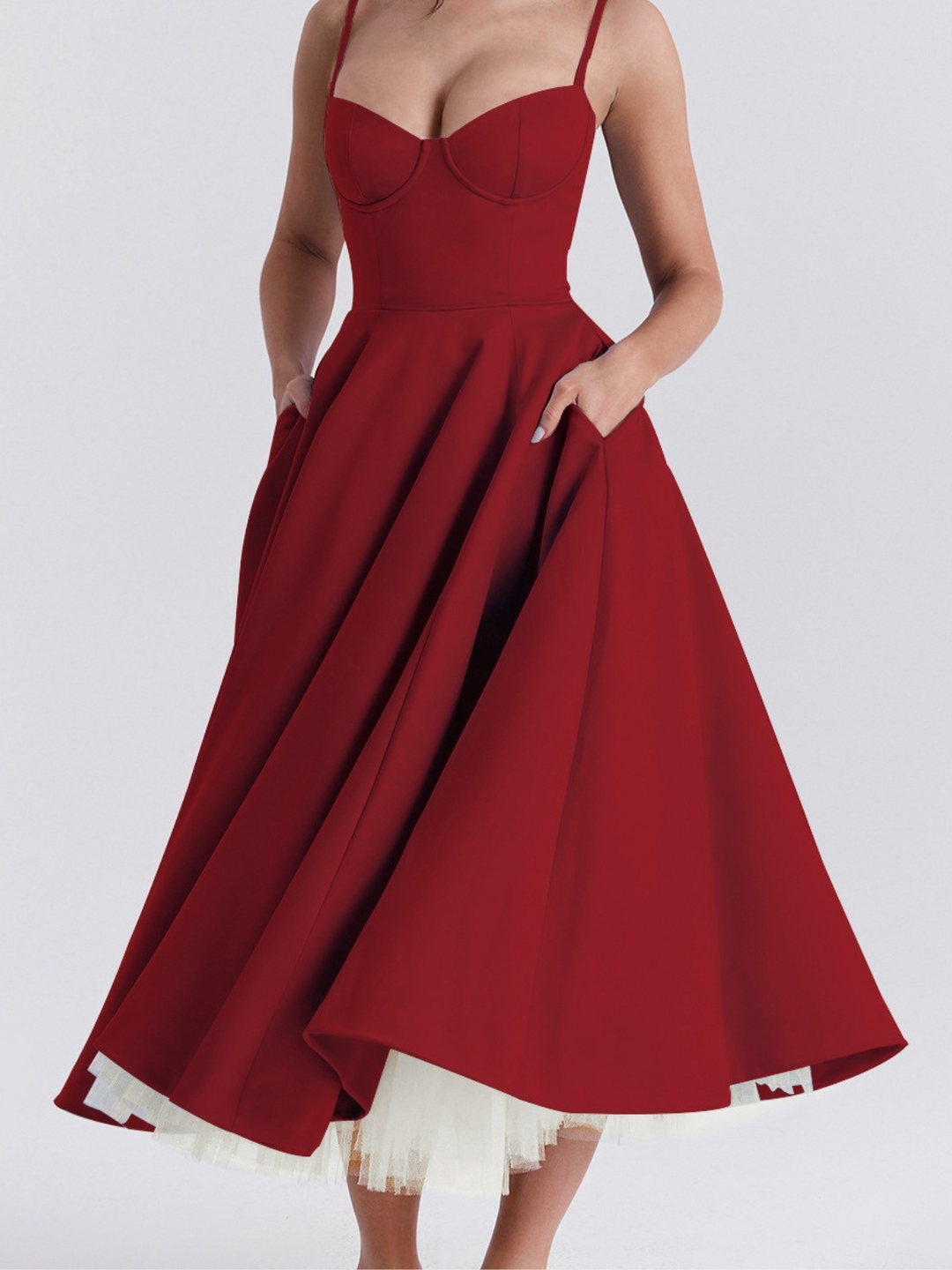 Abito midi donna scollatura a bustier spalline sottili vita alta gonna svasata