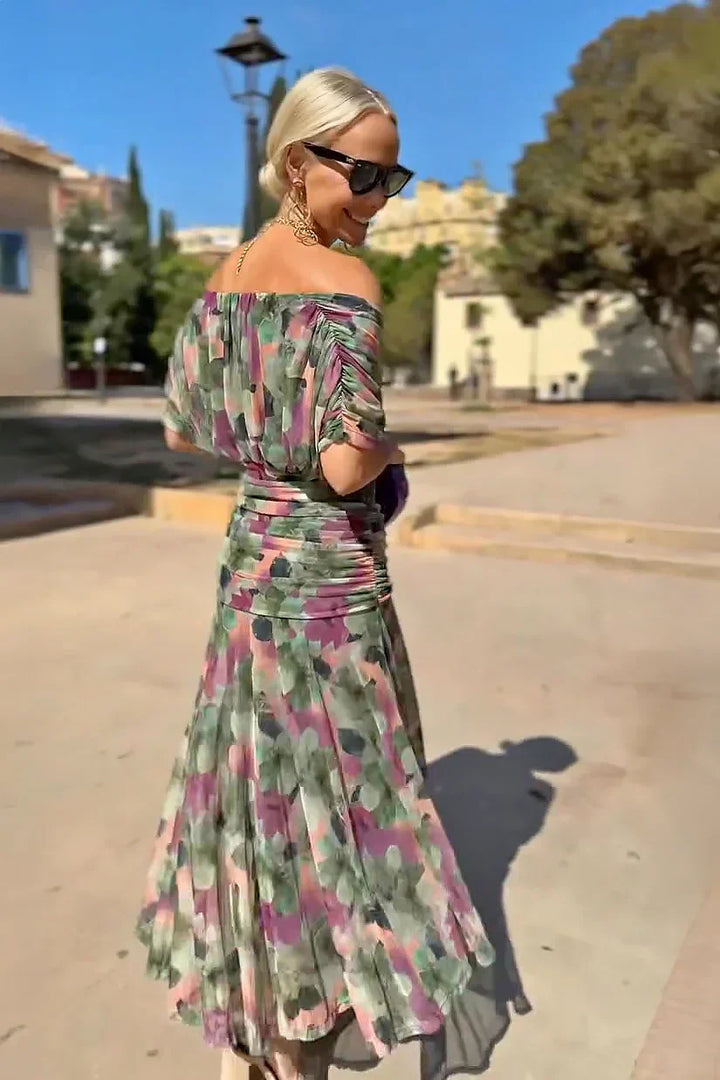 Vestito lungo da donna con scollo a V drappeggiato, maniche corte, vita arricciata, gonna fluida