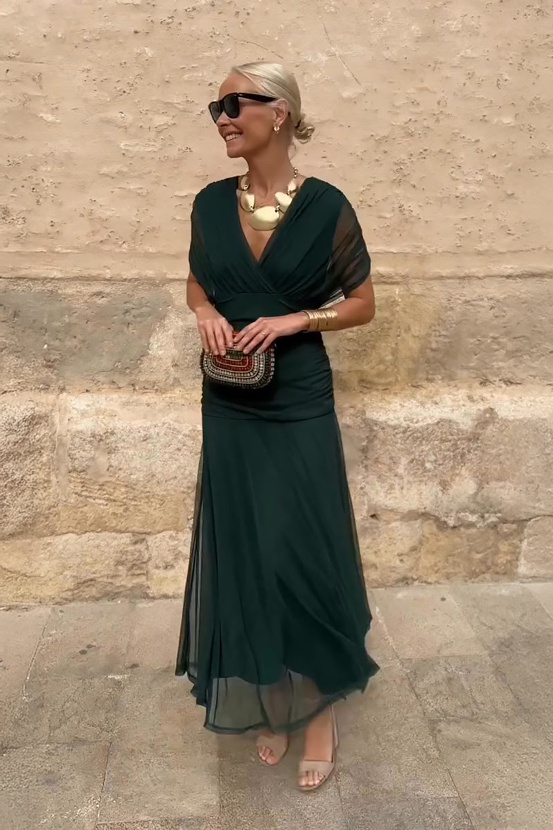 Vestito lungo da donna con maniche drappeggiate, scollo incrociato, vita arricciata, multicolore