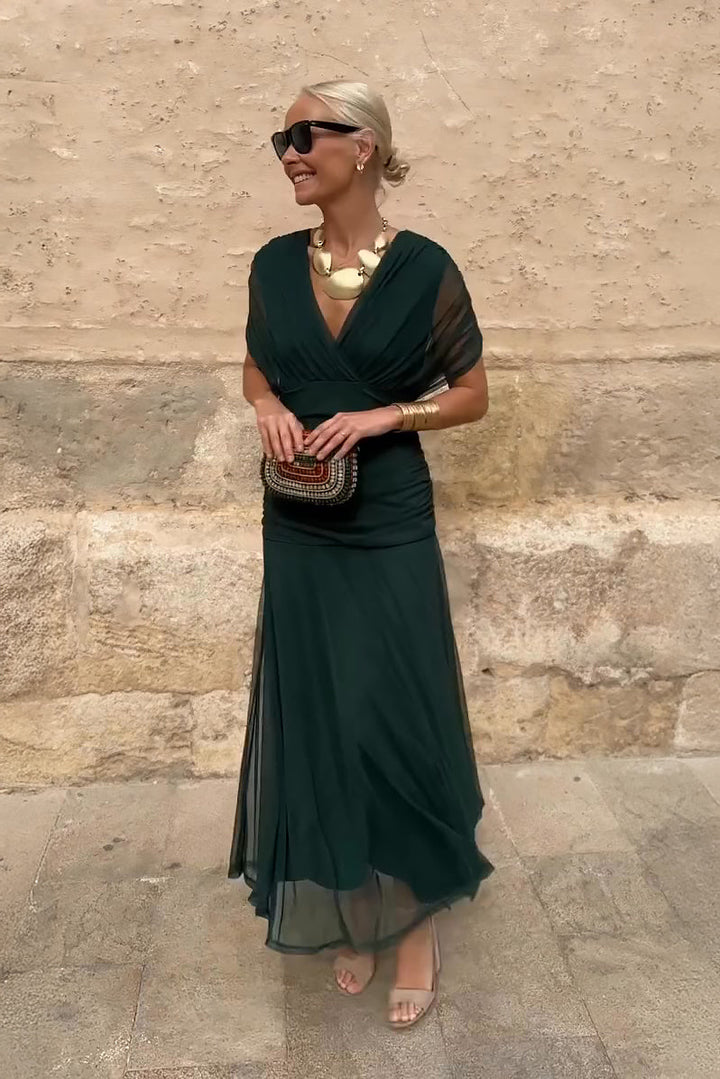 Vestito lungo da donna con maniche drappeggiate, scollo incrociato, vita arricciata, multicolore