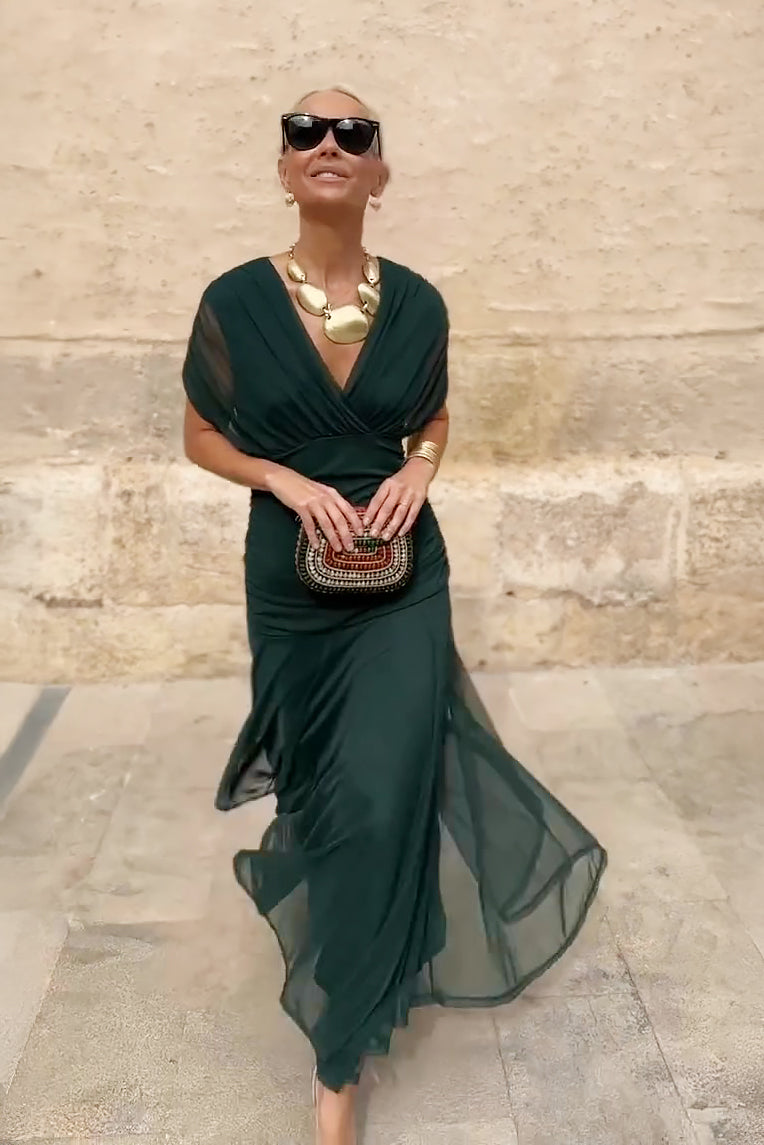 Vestito lungo da donna con scollo a V drappeggiato, maniche corte, vita arricciata, gonna fluida