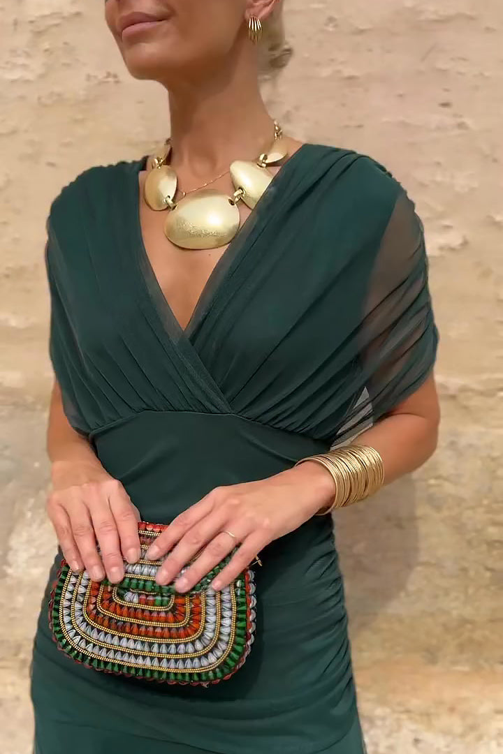 Vestito lungo da donna con scollo a V drappeggiato, maniche corte, vita arricciata, gonna fluida