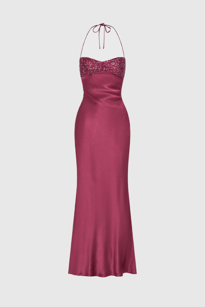 Vestito lungo da donna con collo all'americana, corpino decorato, schiena con lacci e taglio dritto