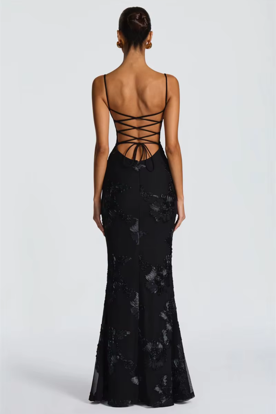 Vestito lungo donna bustier schiena scoperta con lacci ricami floreali a tubino