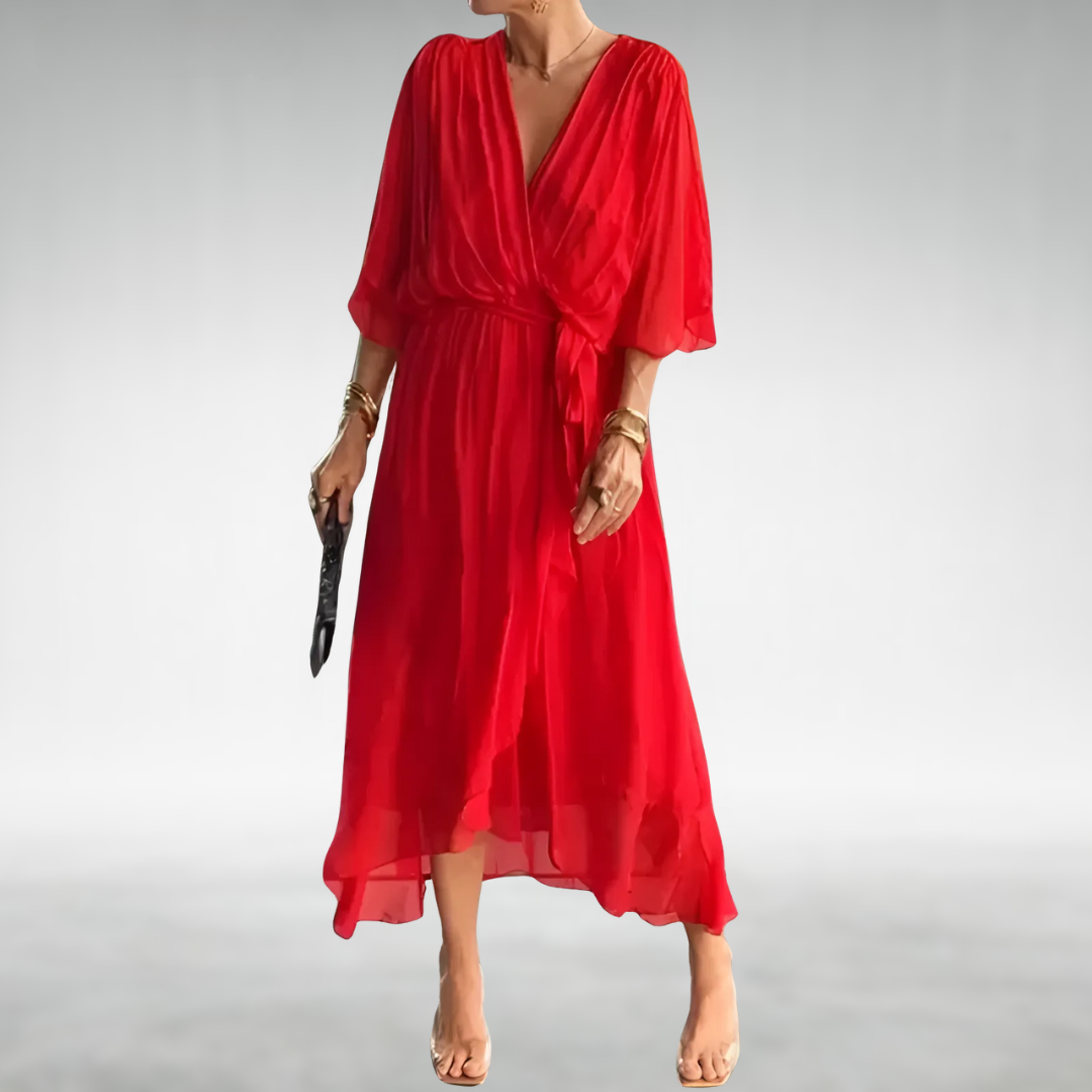 Vestito lungo da donna con scollo a V incrociato, maniche ampie, orlo asimmetrico