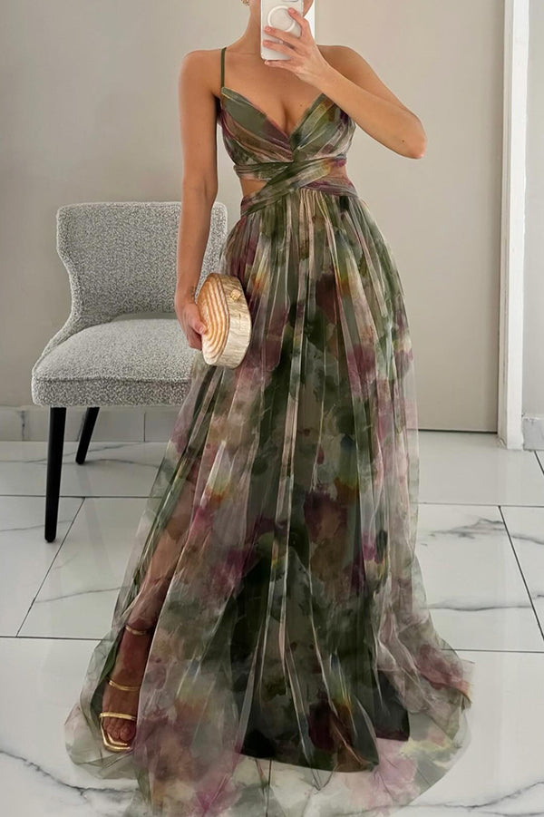 Vestito lungo da donna floreale con scollo drappeggiato, spalline sottili, vita evidenziata