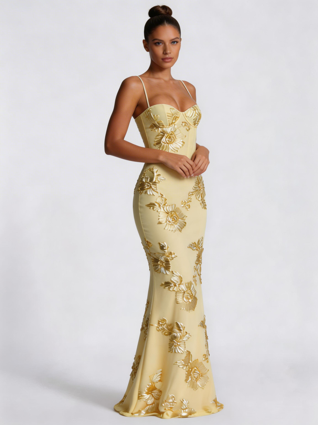 Vestito lungo da donna giallo pallido, bustier con ricami floreali, taglio a tubino