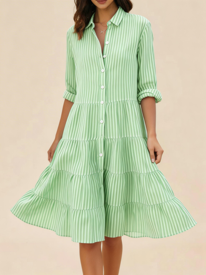 Abito midi donna a righe colletto a camicia abbottonato maniche 3/4