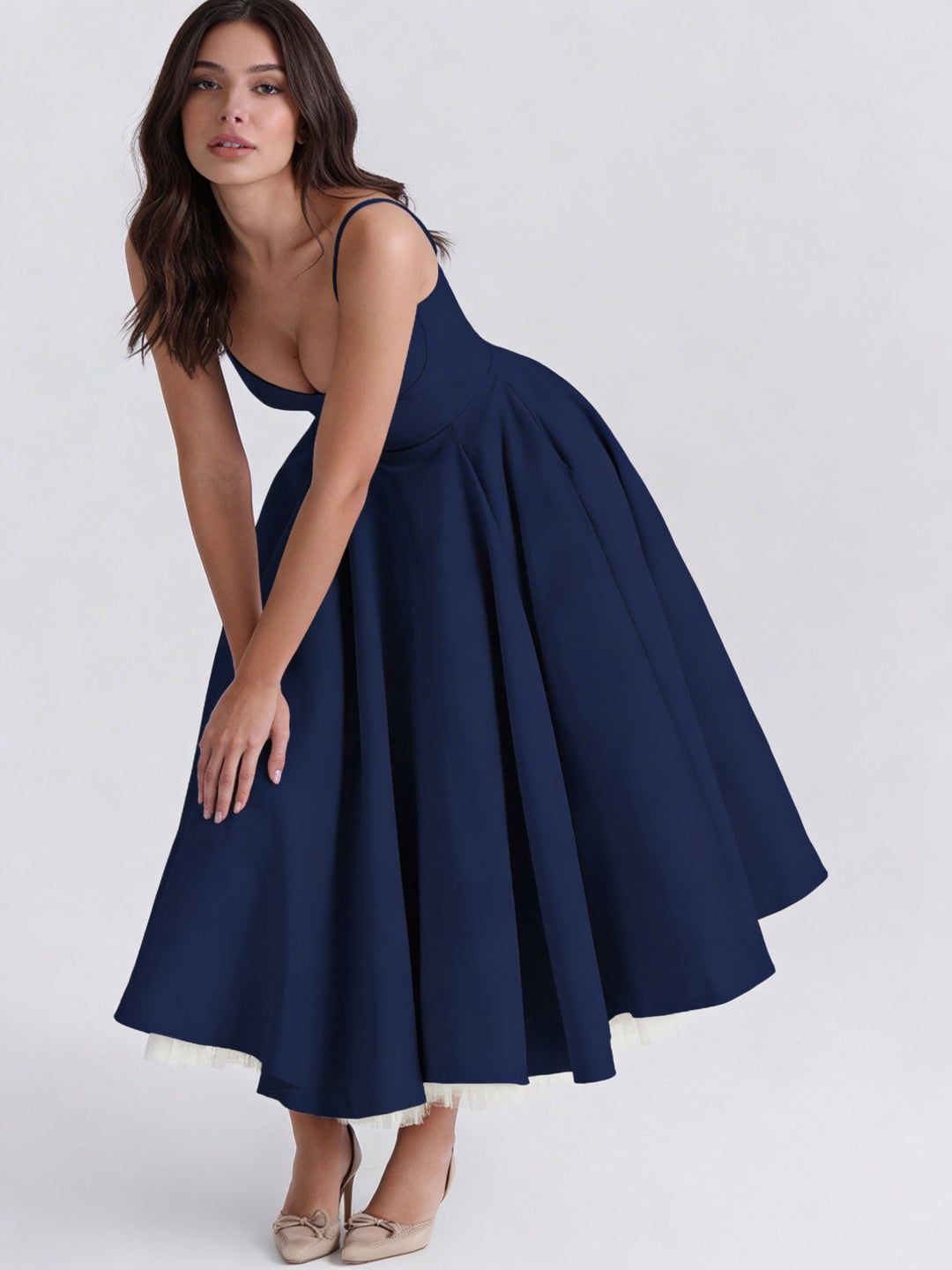 Abito midi donna scollatura a bustier spalline sottili vita alta gonna svasata