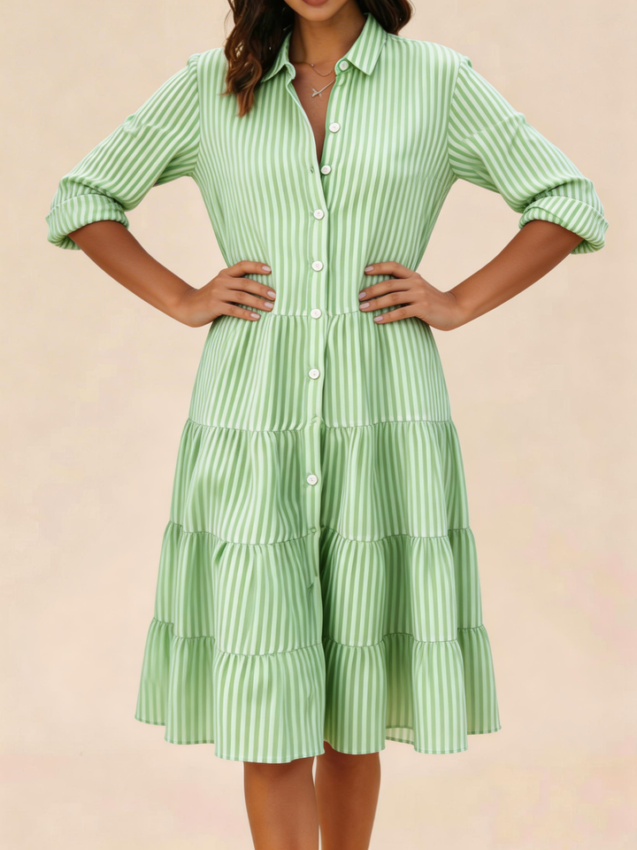 Abito midi donna a righe colletto a camicia abbottonato maniche 3/4
