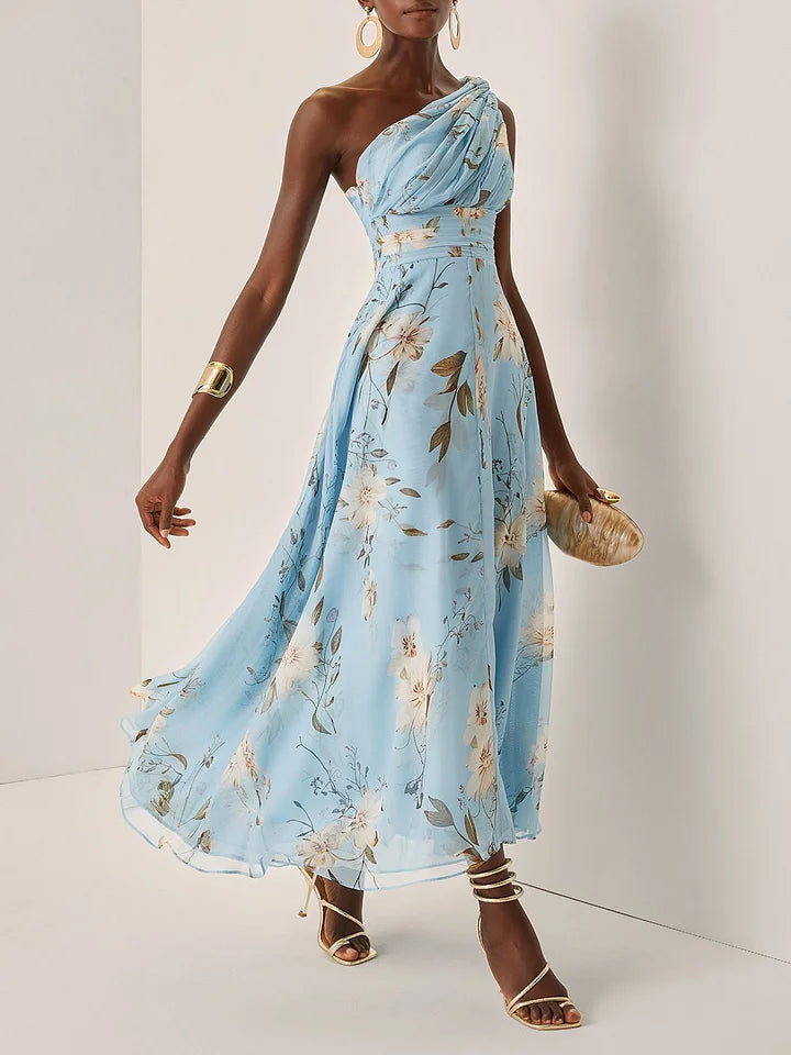 Abito midi donna blu stampa floreale asimmetrico una Spalla drappeggiata