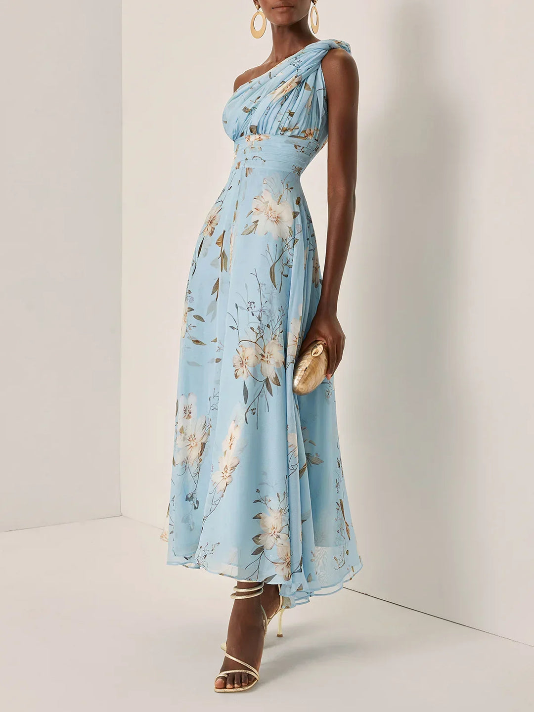 Abito midi donna blu stampa floreale asimmetrico una Spalla drappeggiata
