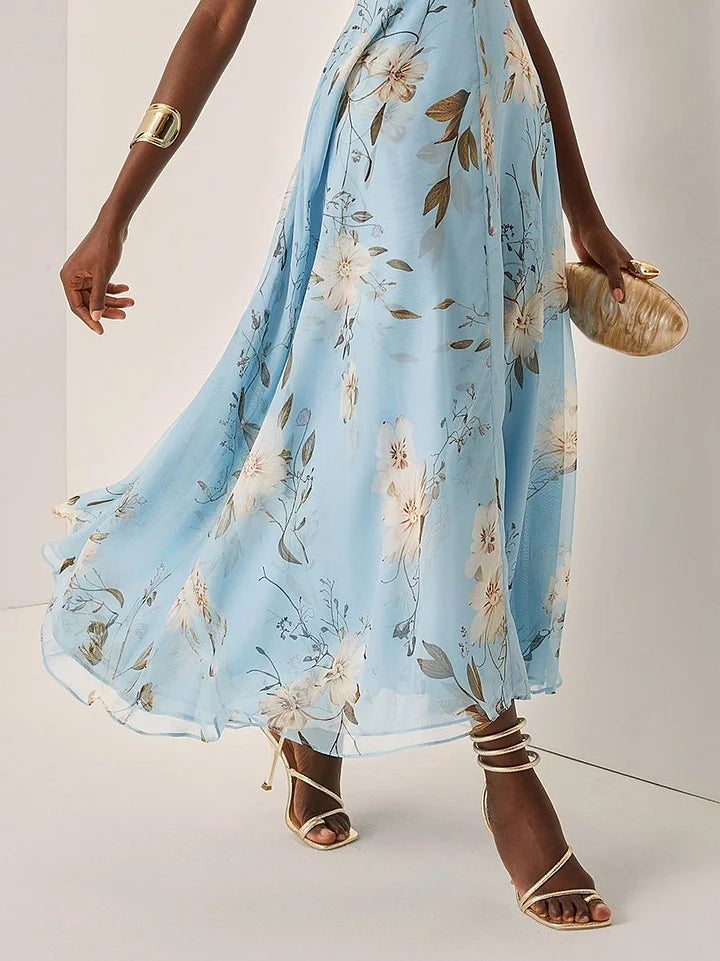 Abito midi donna blu stampa floreale asimmetrico una Spalla drappeggiata