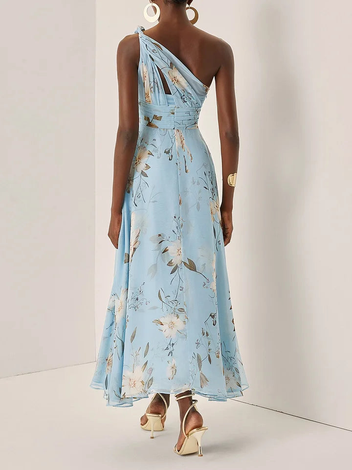 Abito midi donna blu stampa floreale asimmetrico una Spalla drappeggiata