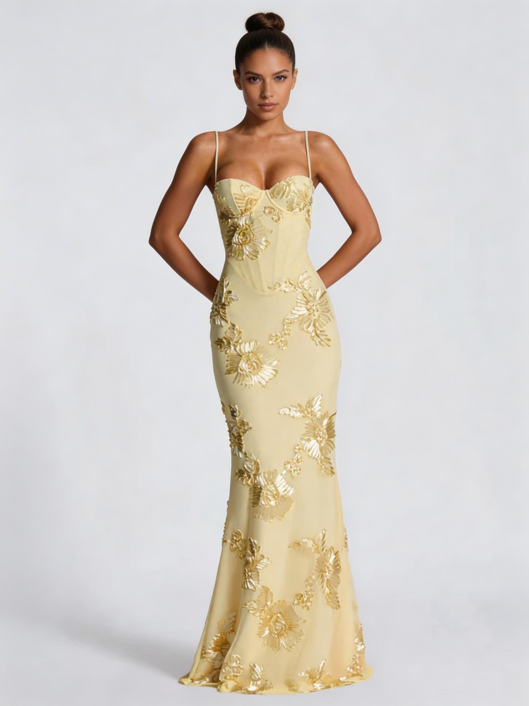 Vestito lungo da donna giallo pallido, bustier con ricami floreali, taglio a tubino