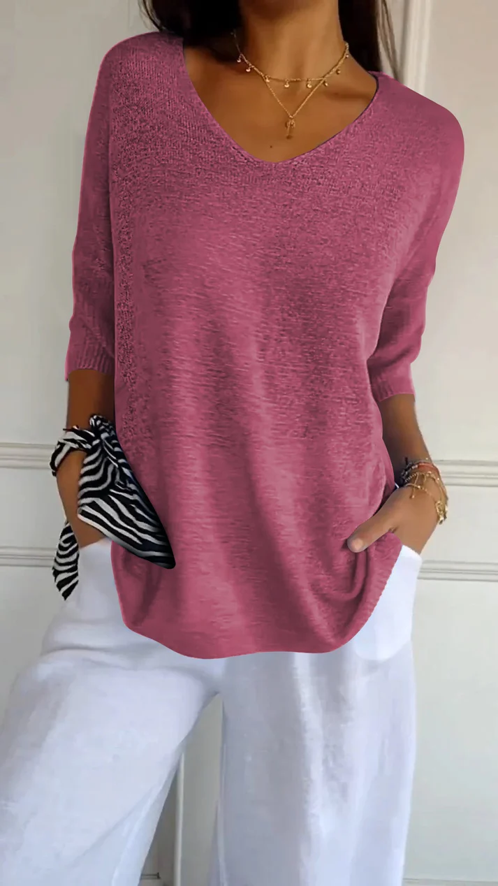 Blusa da donna con scollo a V, maniche 3/4, vestibilità morbida, orlo arrotondato