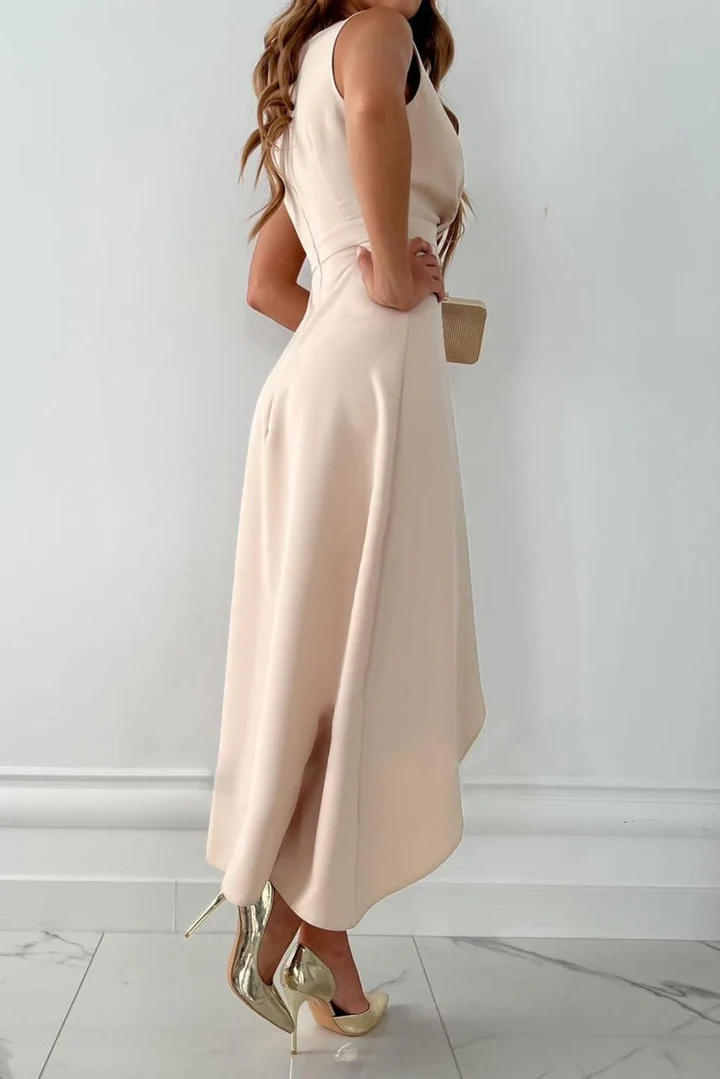 Abito midi da donna scollo a V senza maniche drappeggiato asimmetrico beige