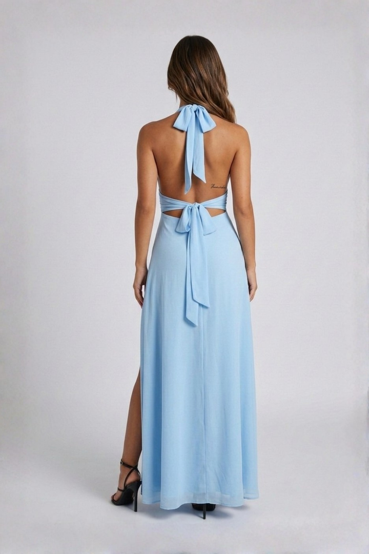 Vestito lungo donna collo all'americana scollatura profonda spacco alto da annodare sulla schiena