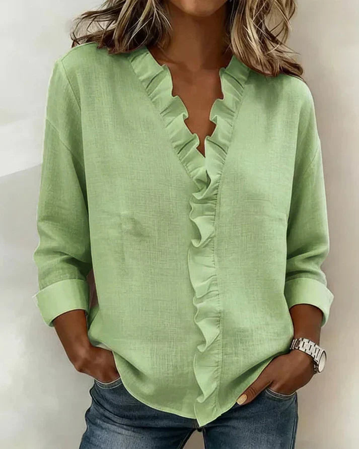 Blusa donna scollo a V volant maniche lunghe vestibilità comoda