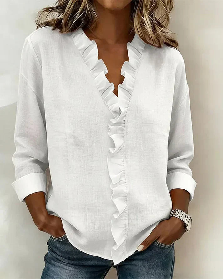 Blusa donna scollo a V volant maniche lunghe vestibilità comoda