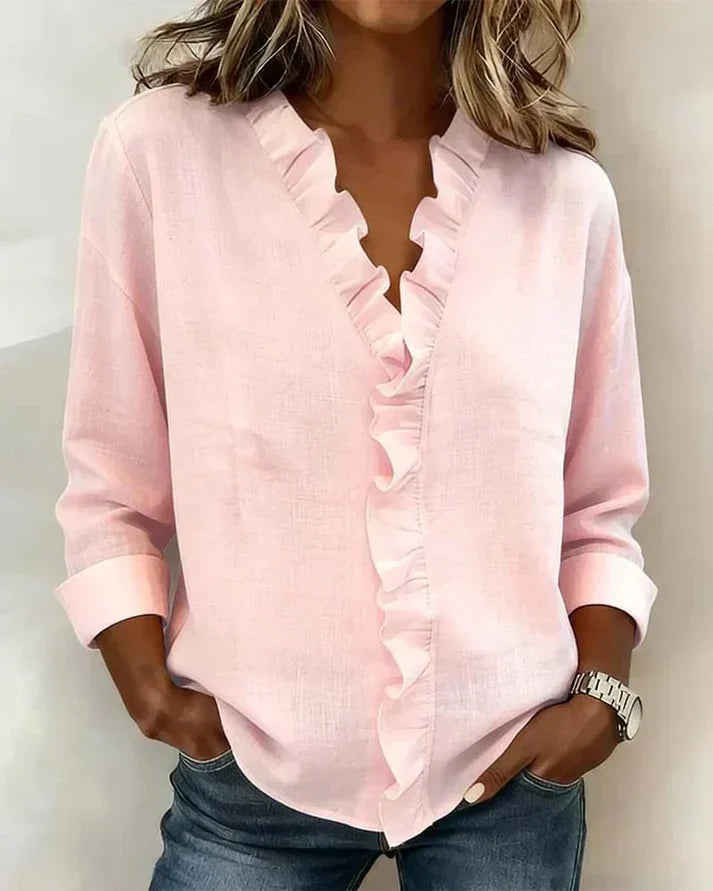 Blusa donna scollo a V volant maniche lunghe vestibilità comoda