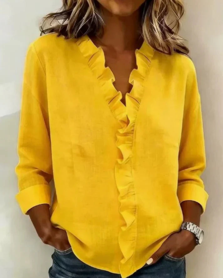 Blusa donna scollo a V volant maniche lunghe vestibilità comoda
