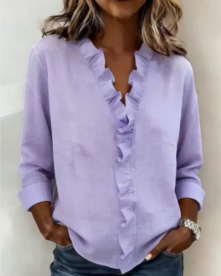 Blusa donna scollo a V volant maniche lunghe vestibilità comoda