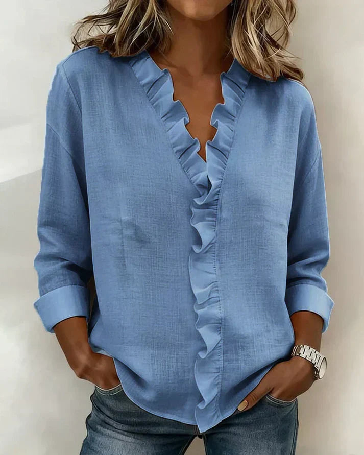 Blusa donna scollo a V volant maniche lunghe vestibilità comoda