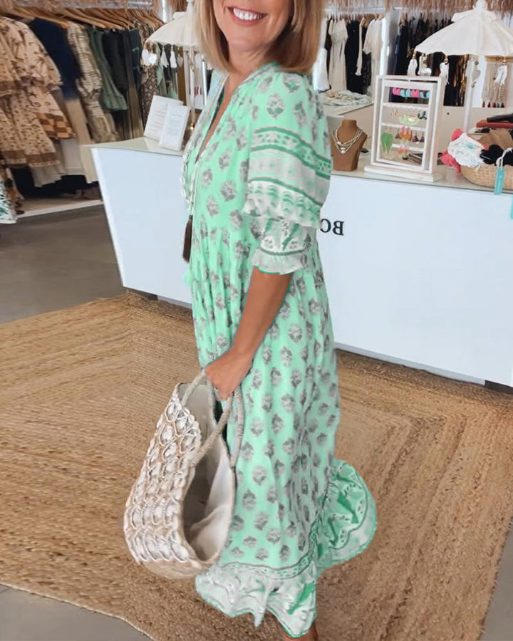 Abito midi da donna multicolore con scollo a V, maniche 3/4, stampa e volant