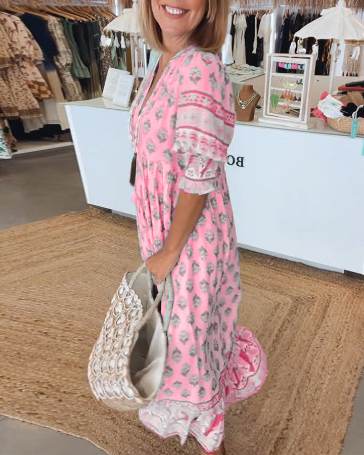 Abito midi da donna multicolore con scollo a V, maniche 3/4, stampa e volant