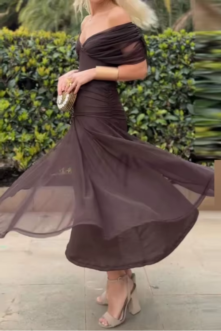 Vestito lungo da donna con scollo a V drappeggiato, maniche corte, vita arricciata, gonna fluida