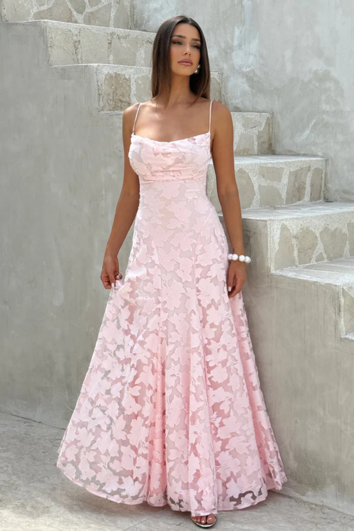 Vestito lungo donna spalline sottili scollo a cascata schiena scoperta con lacci