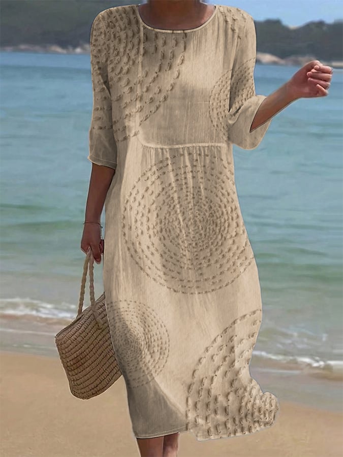 Abito midi donna con scollo tondo, maniche 3/4, motivo testurizzato, vita bassa